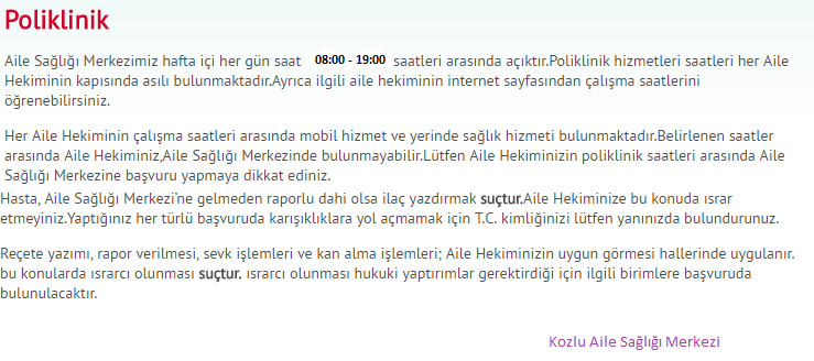 Kozlu ASM Hizmetler Tablosu